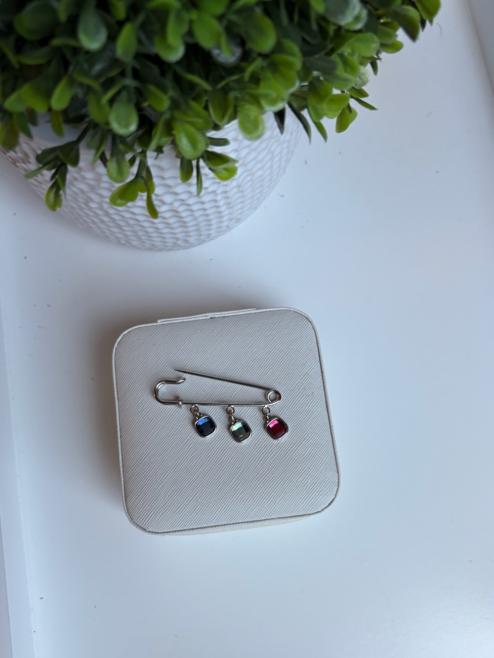 Silver Safety Pin Brooch with Blue, Green and Pink Charms